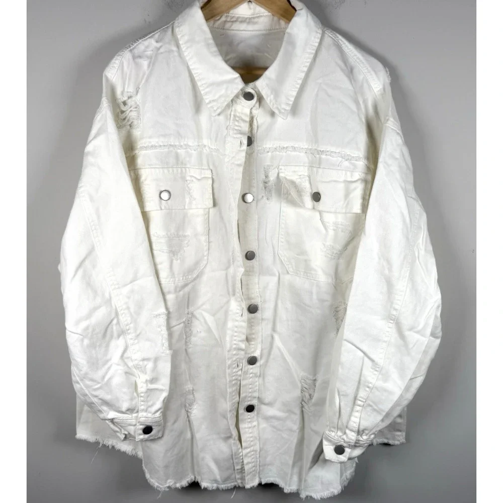Y2K Distressed White Denim Jacket Long Sleeve Button Casual Womens‎ 3XL NEW